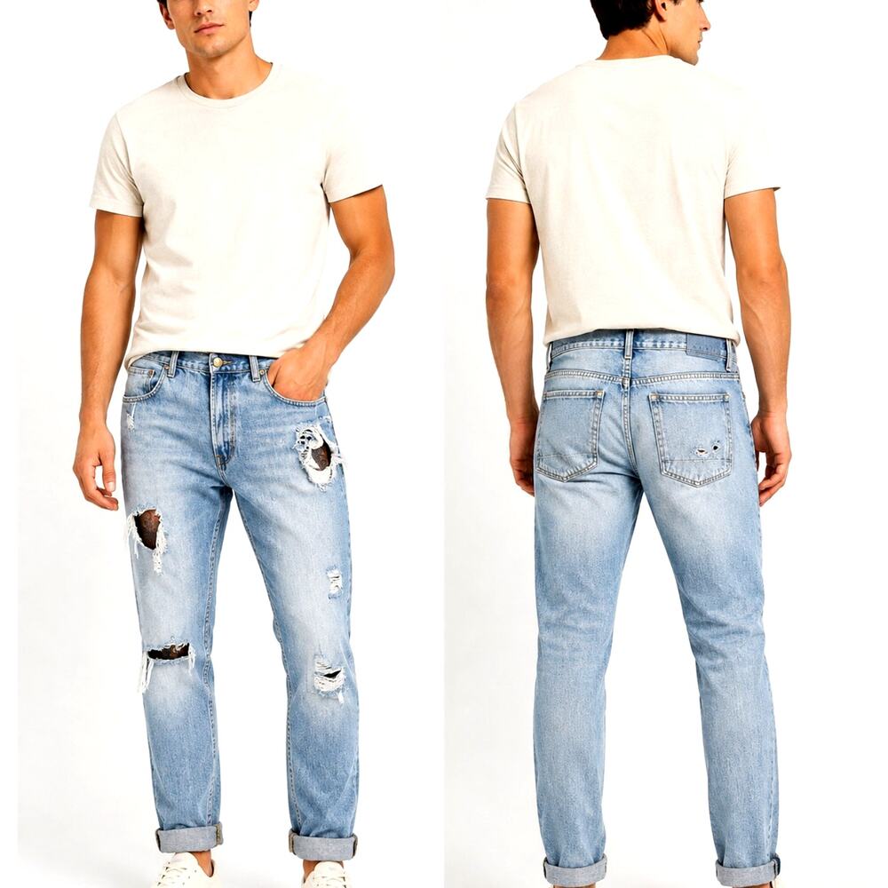 Brooklyn Cloth Men's Distressed Slim Fit Jeans Size 40 Light Wash Ripped Denim